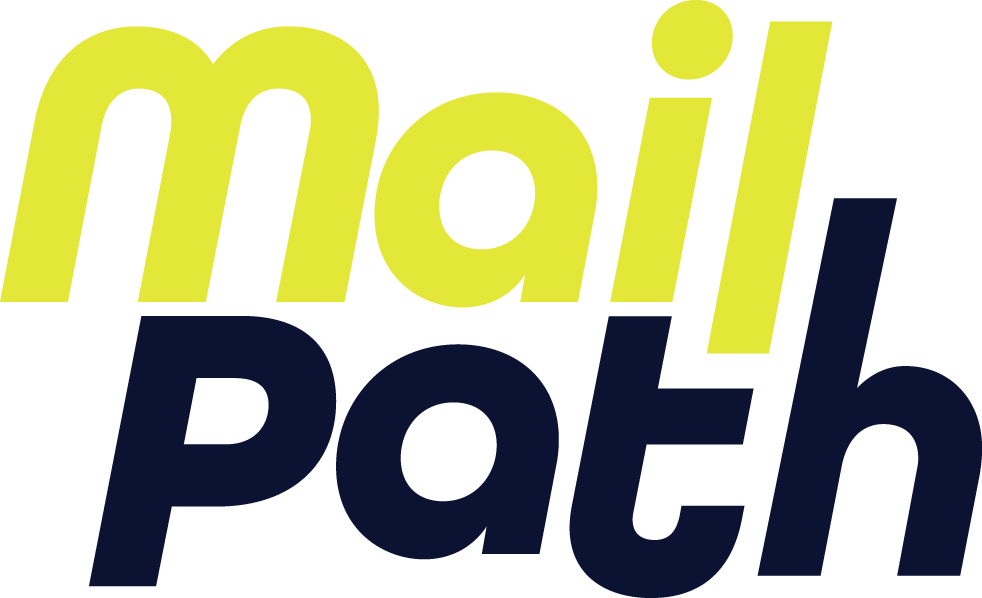 MailPath logo featuring the word Mail in bold yellow text above Path in bold dark blue, both in a modern, sans-serif font, designed with Sandy Alexander’s signature style.