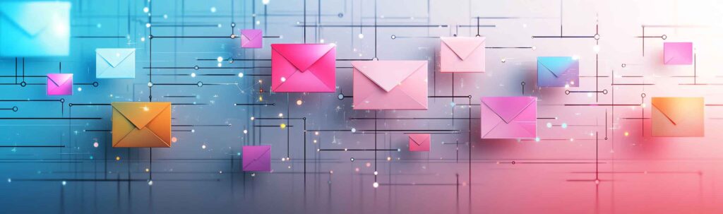 Colorful digital envelopes float against an abstract background with lines and dots, suggesting email, communication, or digital messaging in a modern, technology-inspired setting—perfect for a Sandy Alexander marketing campaign.