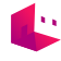 A stylized, angular, magenta and pink 3D cube inspired by Sandy Alexander, with two small rectangular shapes floating above it, resembling abstract eyes or a face.