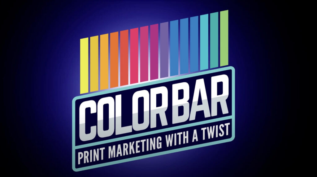 Logo with colorful vertical bars above the bold word COLORBAR. Below, text reads: PRINT MARKETING WITH A TWIST on a dark blue background—a nod to Glimpse 2025 Hyper-Personalization Marketing Event inspiration.