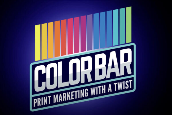 Logo with colorful vertical bars above the bold word COLORBAR. Below, text reads: PRINT MARKETING WITH A TWIST on a dark blue background—a nod to Glimpse 2025 Hyper-Personalization Marketing Event inspiration.