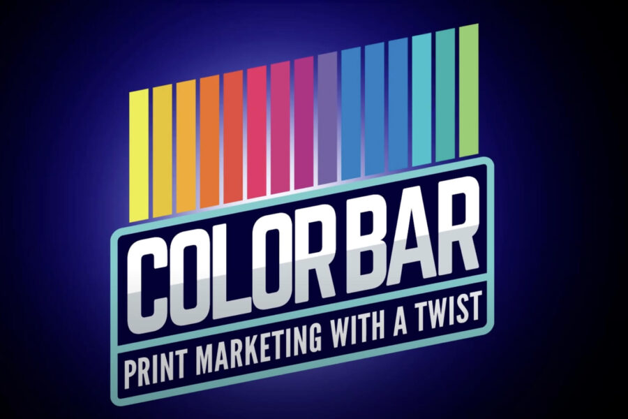 Logo with colorful vertical bars above the bold word COLORBAR. Below, text reads: PRINT MARKETING WITH A TWIST on a dark blue background—a nod to Glimpse 2025 Hyper-Personalization Marketing Event inspiration.