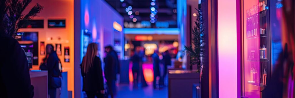 People walk through a modern exhibition hall with vibrant purple and blue lighting, sleek displays, and a lively, futuristic atmosphere—perfect for showcasing Direct Mail and Digital Campaign Integration. Display cases and decor plants add to the scene.