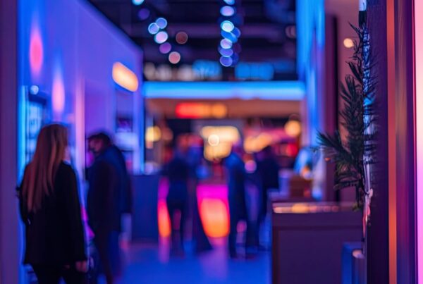 People walk through a modern exhibition hall with vibrant purple and blue lighting, sleek displays, and a lively, futuristic atmosphere—perfect for showcasing Direct Mail and Digital Campaign Integration. Display cases and decor plants add to the scene.