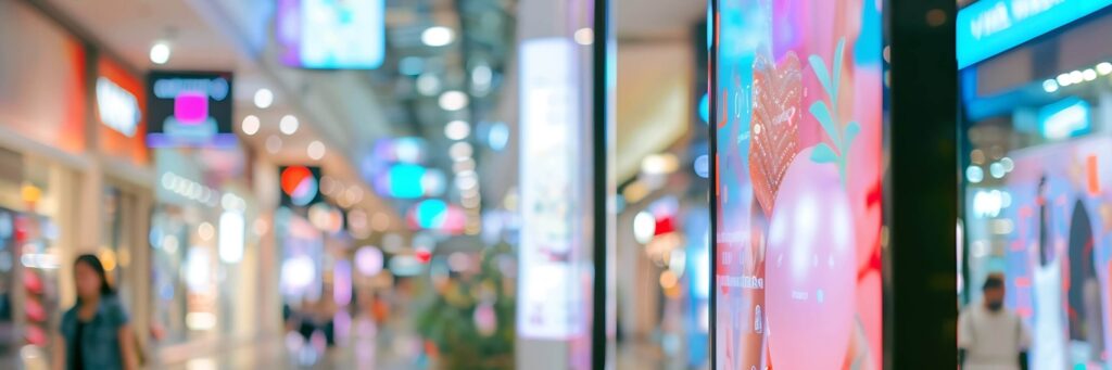 A brightly lit shopping mall interior with blurred displays, digital screens, and colorful shop signs, capturing a busy and modern commercial atmosphere—perfect for showcasing Direct Mail and Digital Campaign Integration.