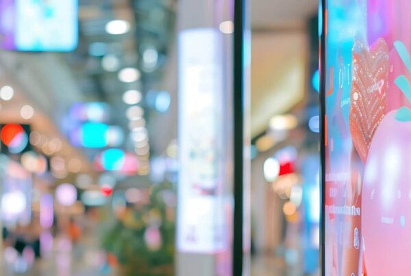 A brightly lit shopping mall interior with blurred displays, digital screens, and colorful shop signs, capturing a busy and modern commercial atmosphere—perfect for showcasing Direct Mail and Digital Campaign Integration.