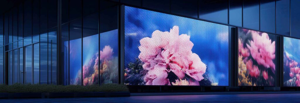 Large digital screens on a modern glass building display vibrant images of pink coral underwater against a blue background. Shrubs line the base of the building.