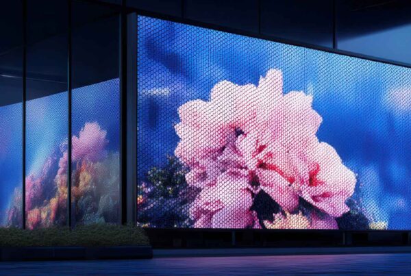 Large digital screens on a modern glass building display vibrant images of pink coral underwater against a blue background. Shrubs line the base of the building.