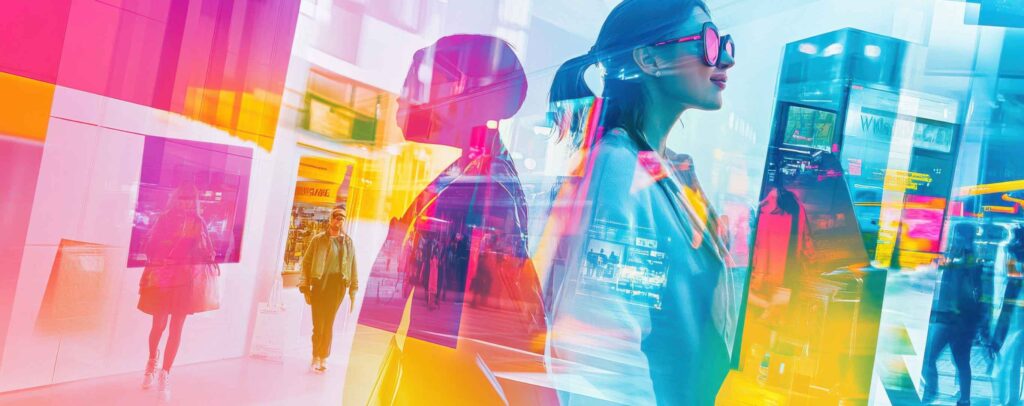 A woman in sunglasses stands in a vibrant, modern cityscape filled with colorful, transparent overlays and reflections, evoking a dynamic, futuristic urban atmosphere shaped by Direct Mail and Digital Campaign Integration.