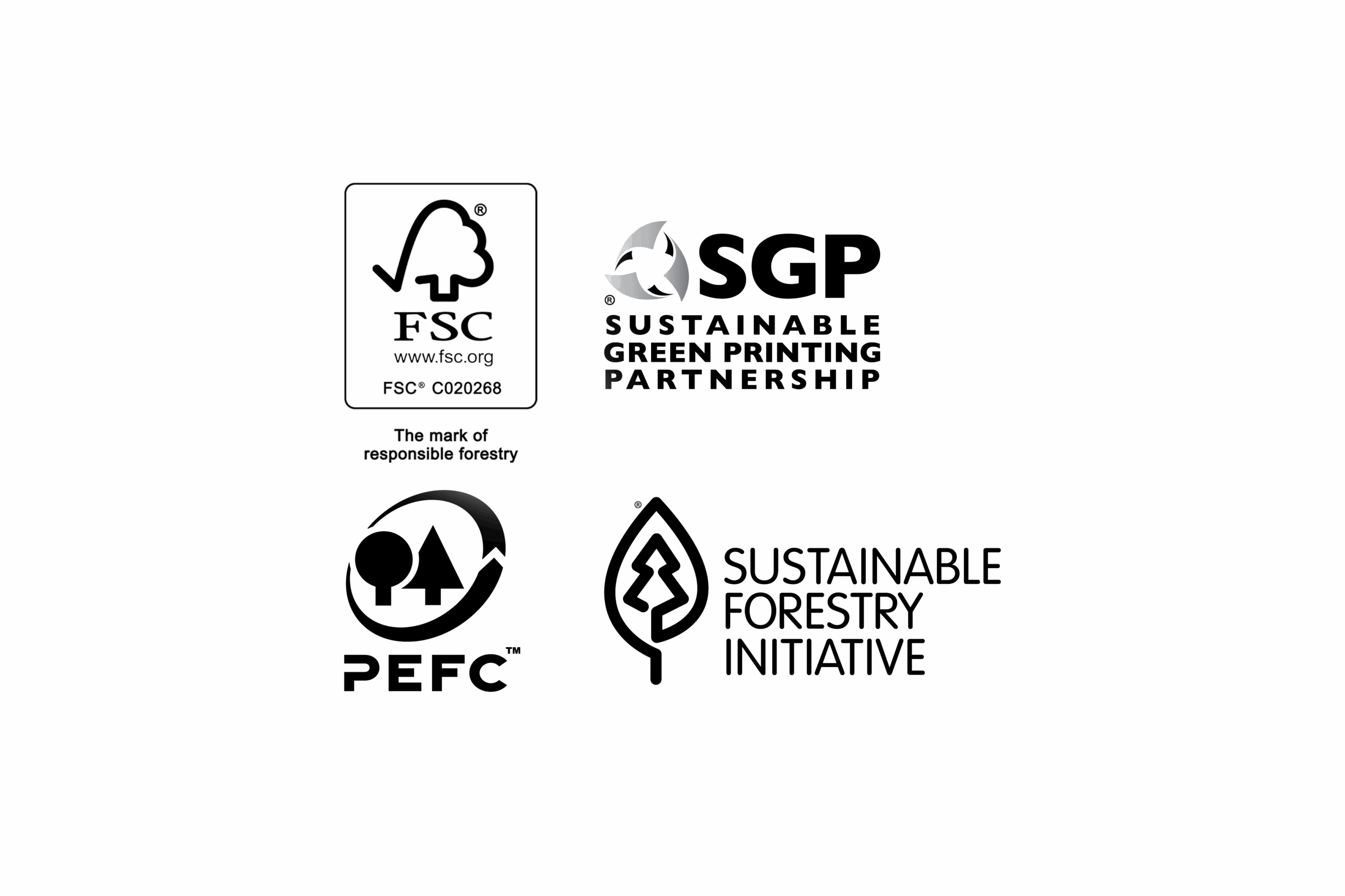Four sustainability certification logos: FSC, SGP, PEFC, and Sustainable Forestry Initiative, each with their name and respective symbol, displayed on a light gray background.