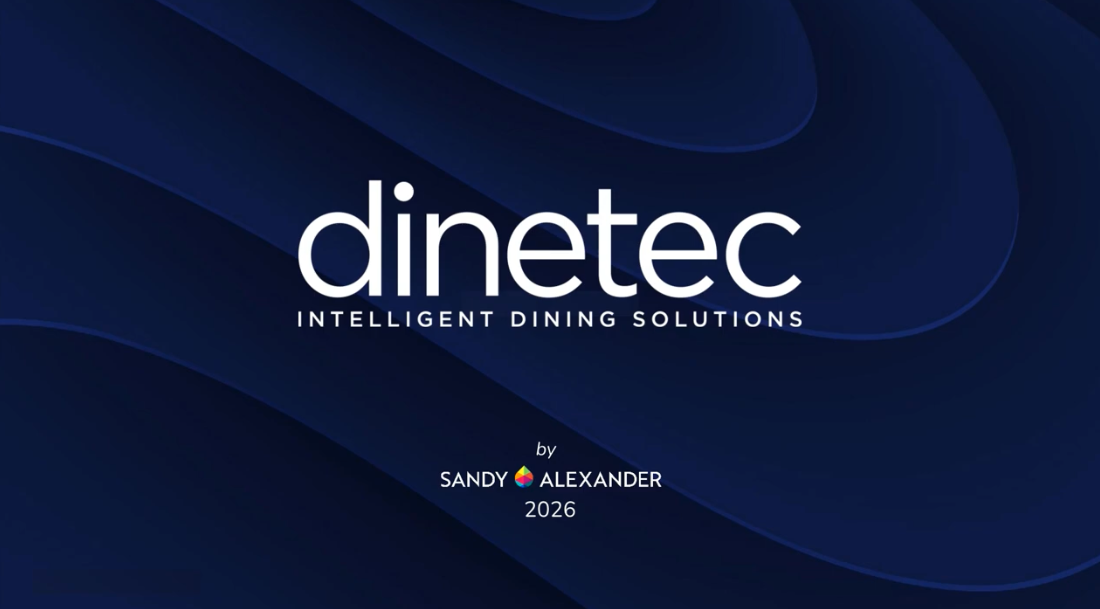 White text on a dark blue abstract background reads dinetec INTELLIGENT DINING SOLUTIONS by SANDY ALEXANDER 2026, featuring the Dinetec360 logo and a small multicolored shape above ALEXANDER.