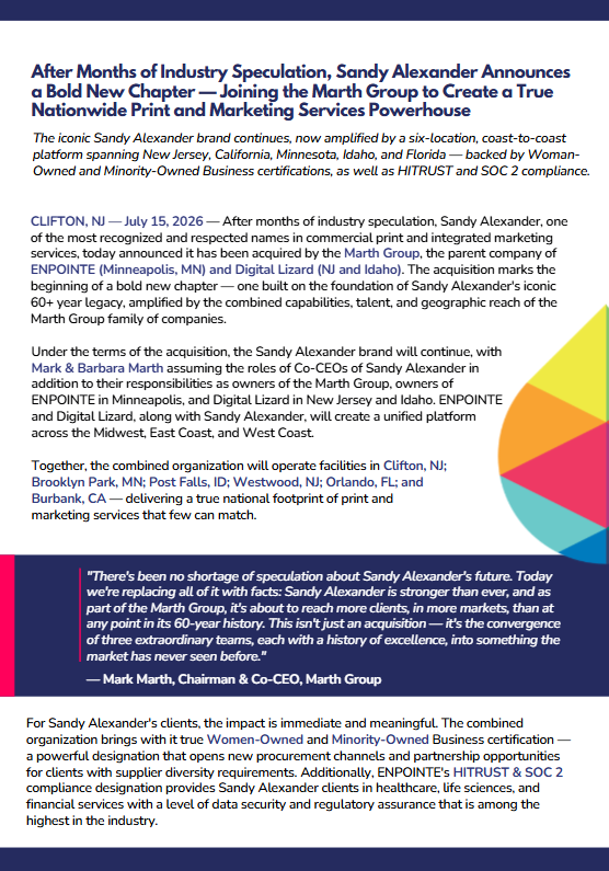 A flyer announces Sandy Alexander joining the March Group, highlighting expansion in print and marketing services through the Sandy Alexander SCREEN Americas Inkjet Partnership, with a background image of people connecting colorful puzzle pieces. Text emphasizes national reach and diversity certification.
