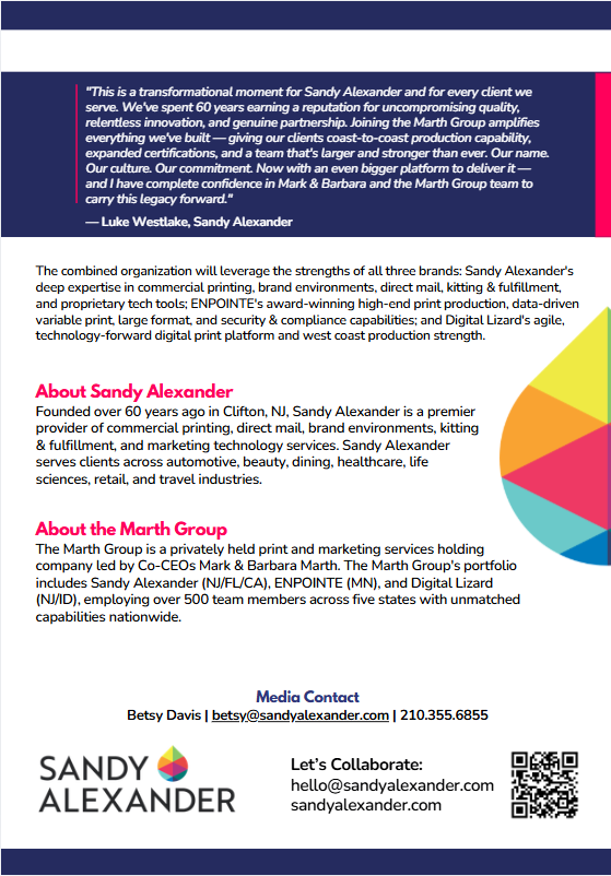 A brochure for Sandy Alexander, highlighting their innovative printing services—including the benefits of the Sandy Alexander SCREEN Americas Inkjet Partnership—their expertise, and contact info. Includes testimonials, brand details, and company branding at the bottom with the Alexander logo. Text and graphics are featured in a distinctive blue and gold theme.